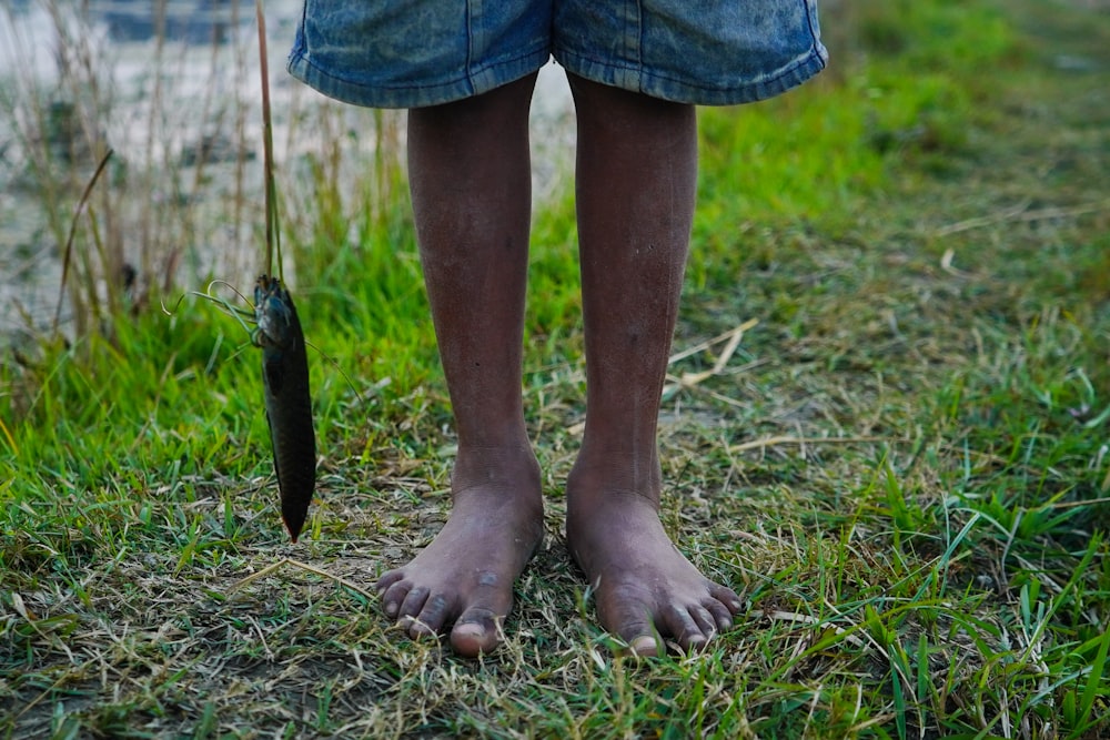 a person standing in the grass holding a fish