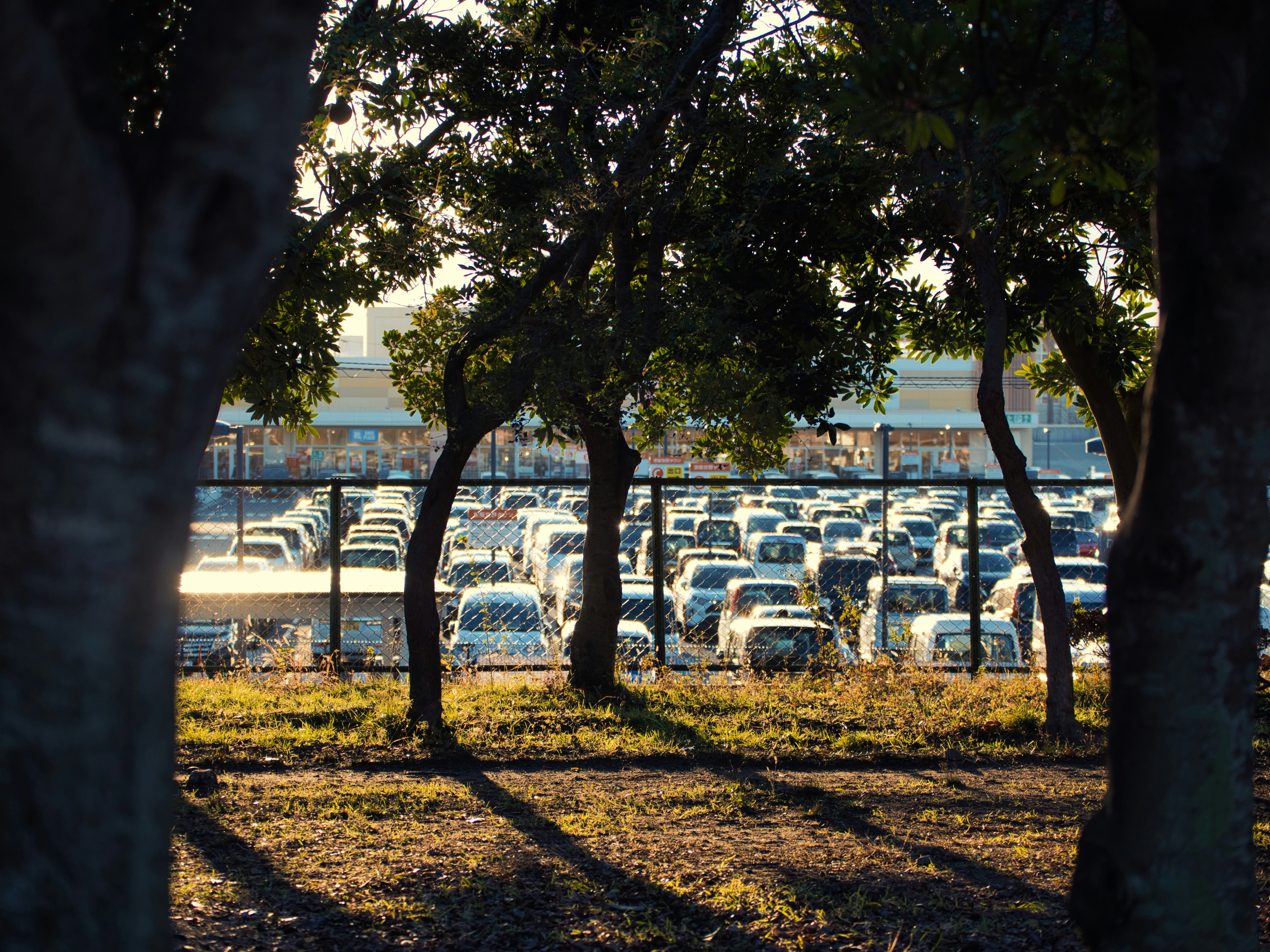 a lot of cars parked in a lot behind a fence