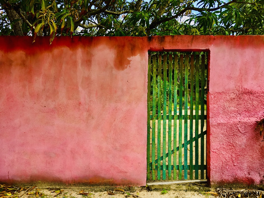 a pink wall with a green gate and a tree