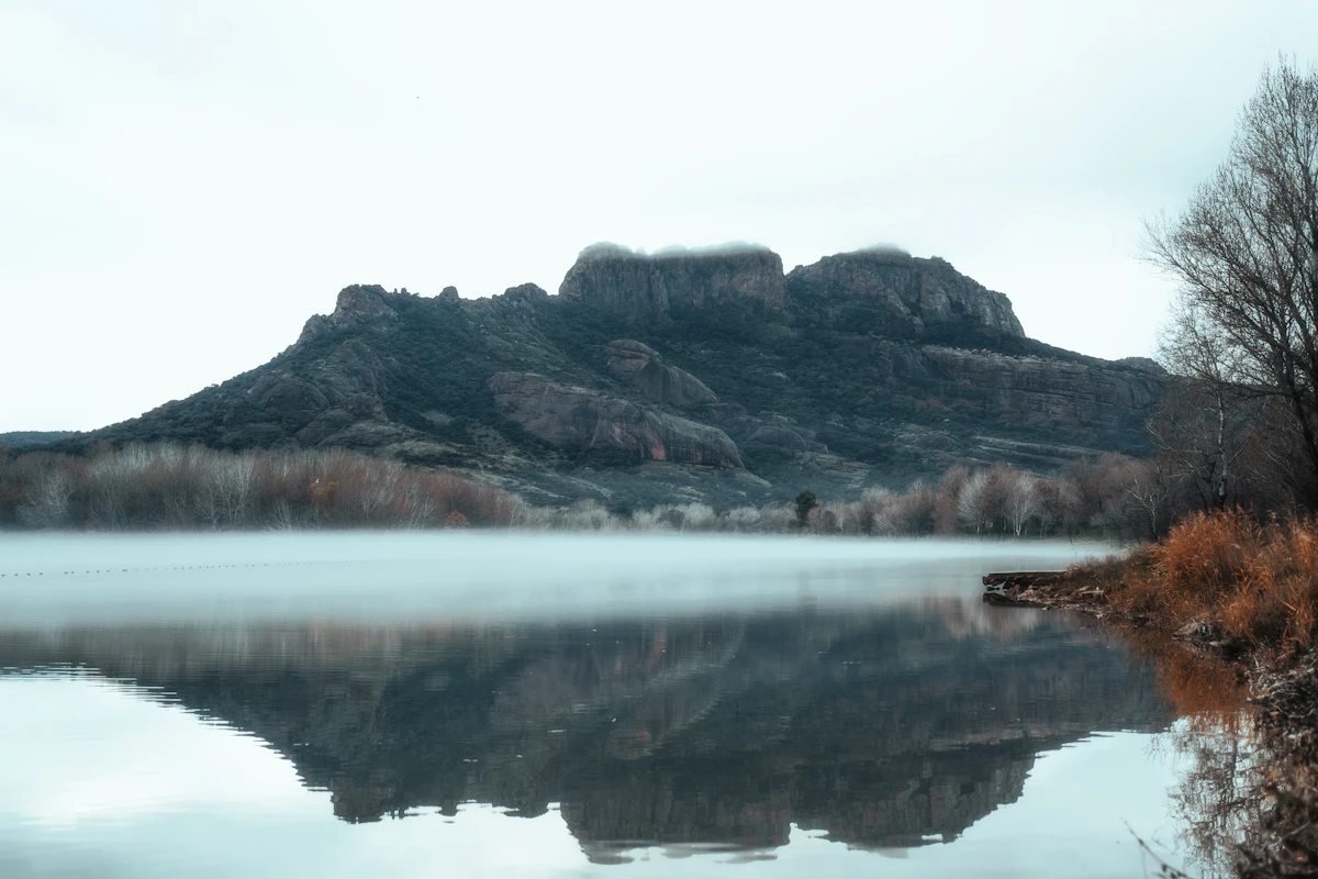 The Rocher de Roquebrune reflected in a misty lake, the trees on the shore bare