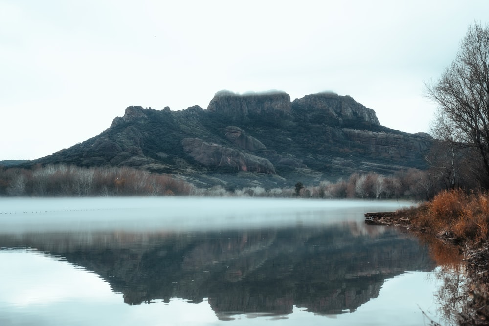 a lake with a mountain in the background