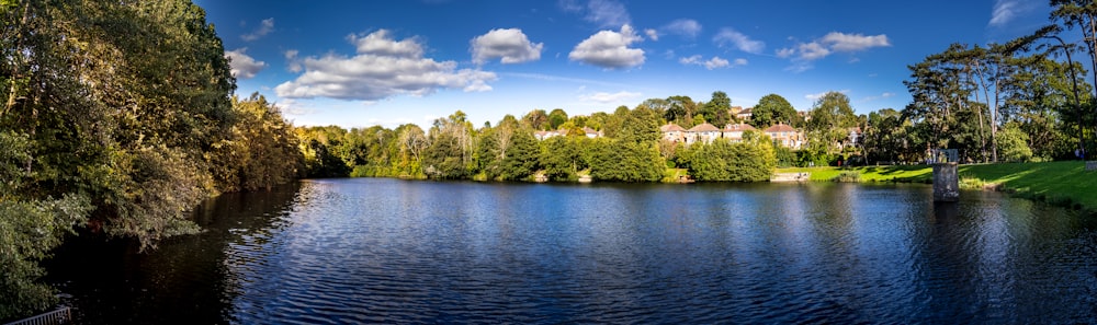 a large body of water surrounded by trees