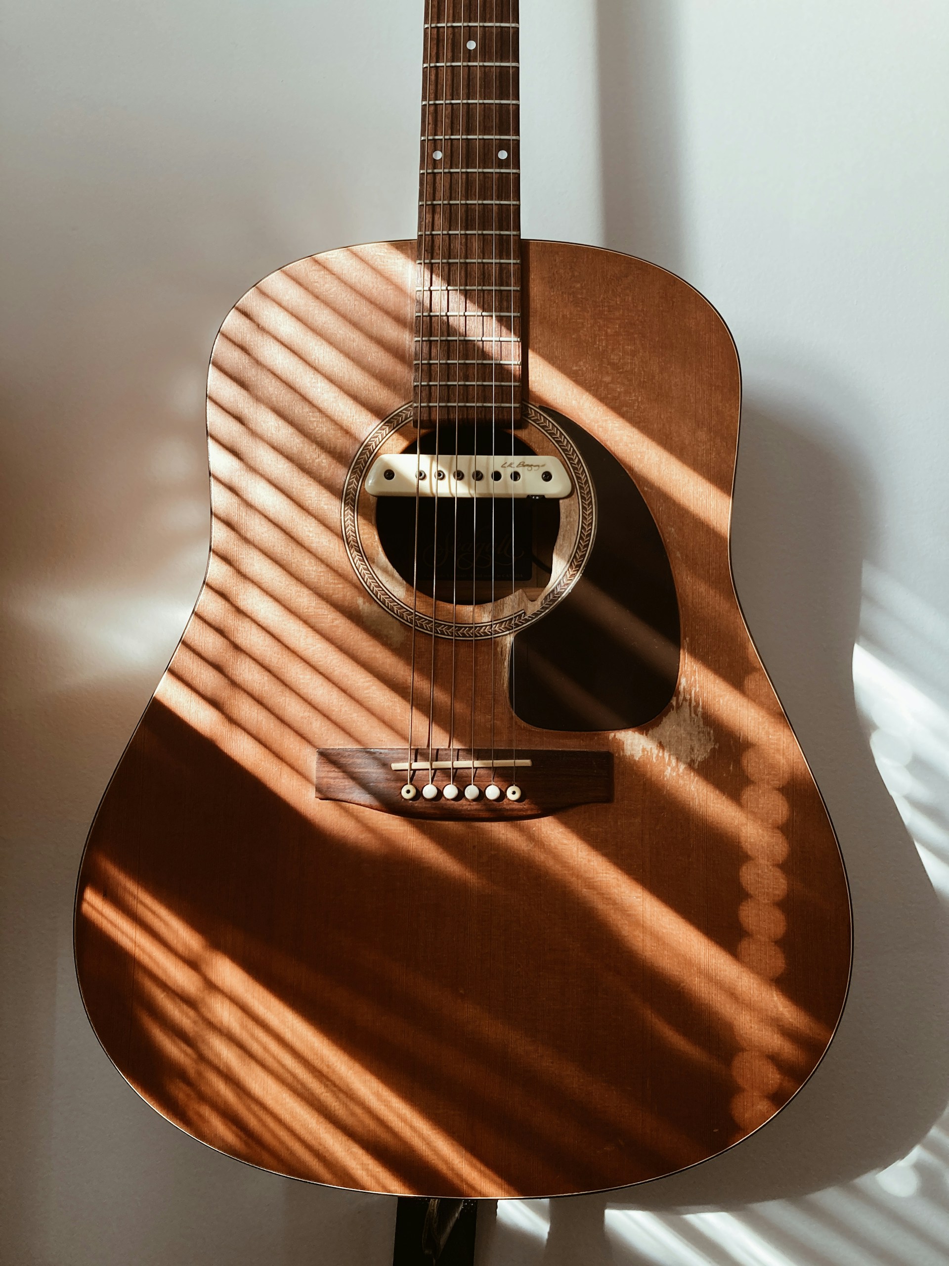 a guitar is sitting on a stand in a room