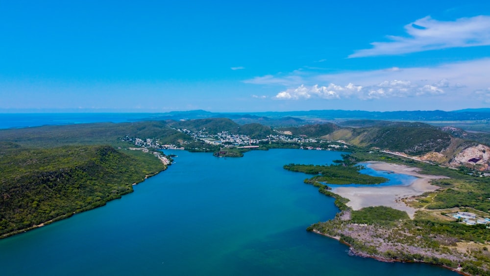 a large body of water surrounded by lush green hills