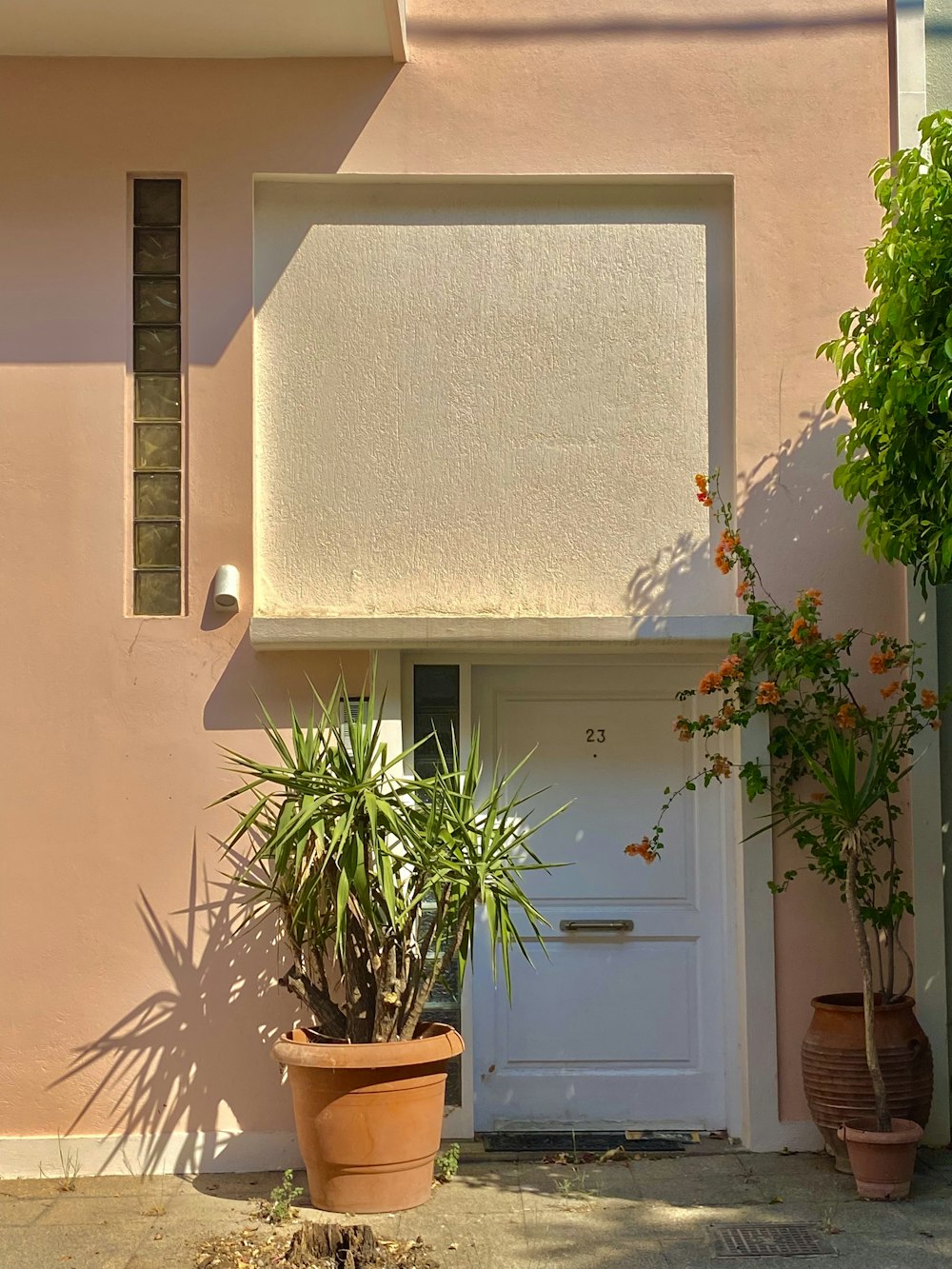 a pink building with a white door and a potted plant