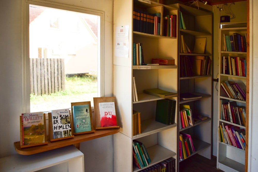 Une étagère remplie de beaucoup de livres à côté d’une fenêtre