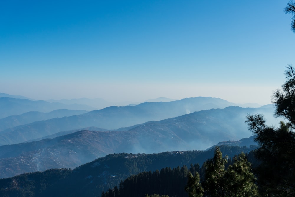 a view of a mountain range with trees in the foreground