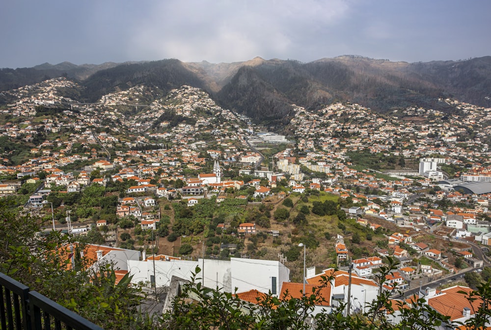 a view of a city with mountains in the background