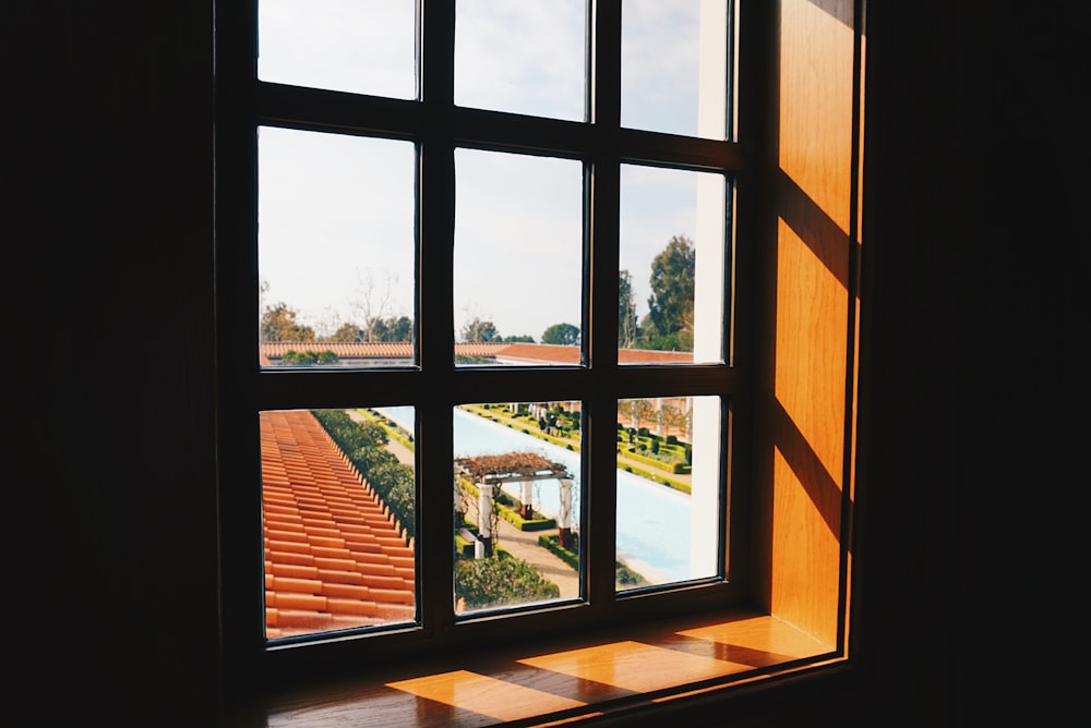 a view of a pool through a window
