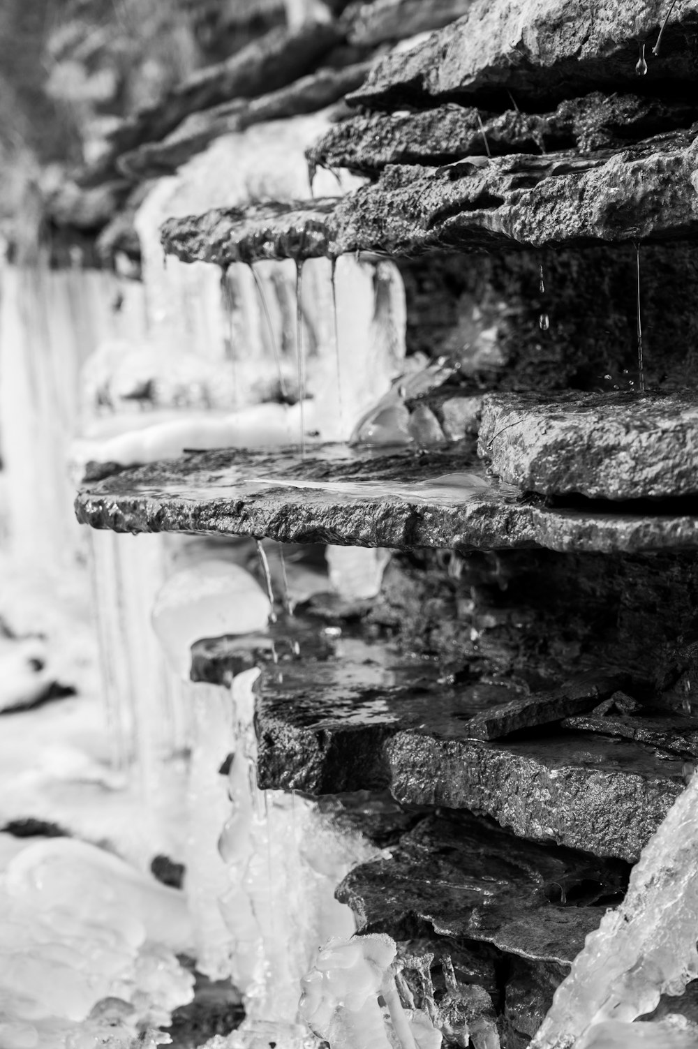 a black and white photo of ice and water