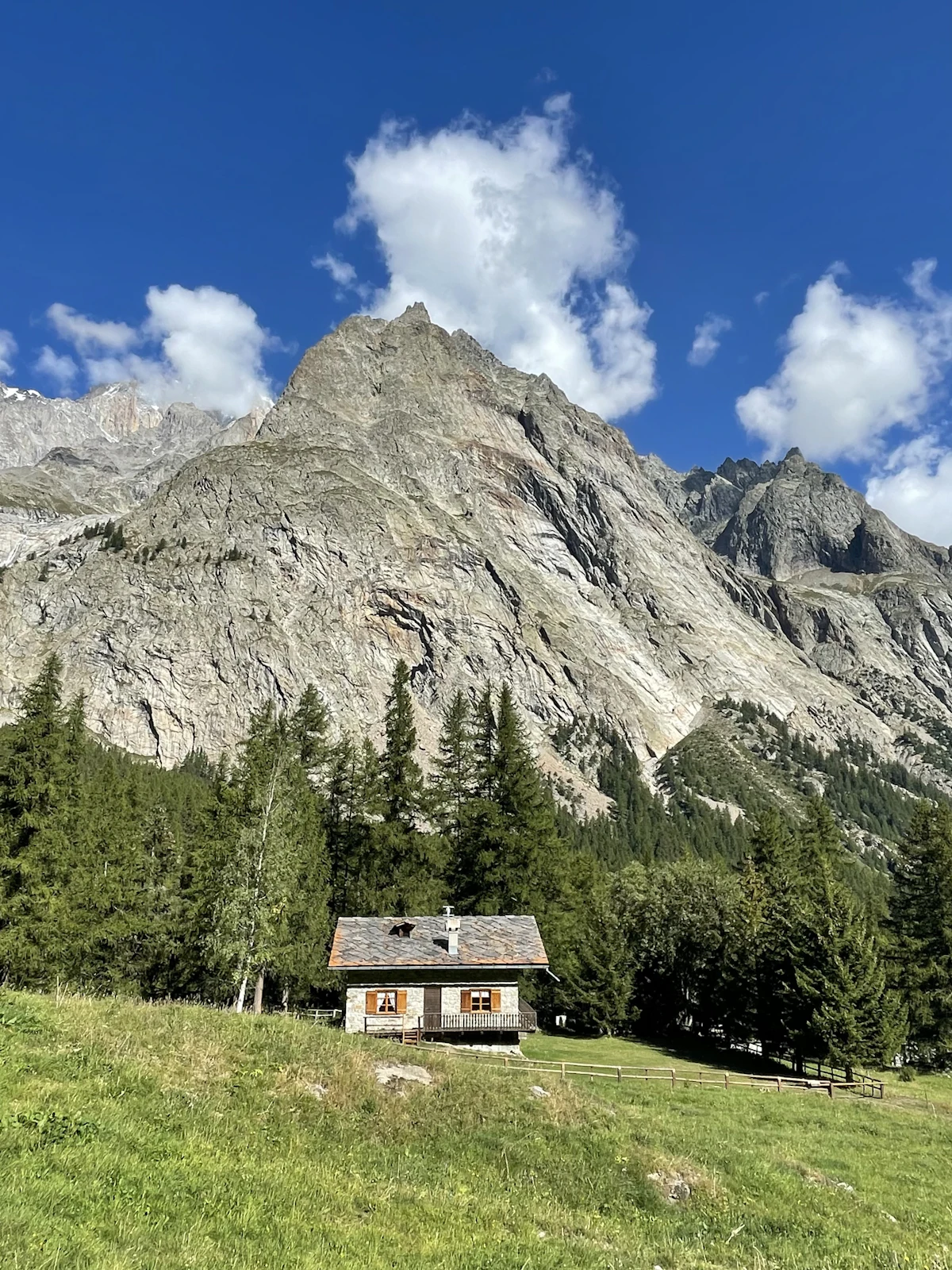 A stone cabin in a meadow near Courmayeur, below a bare rock peak and fir trees