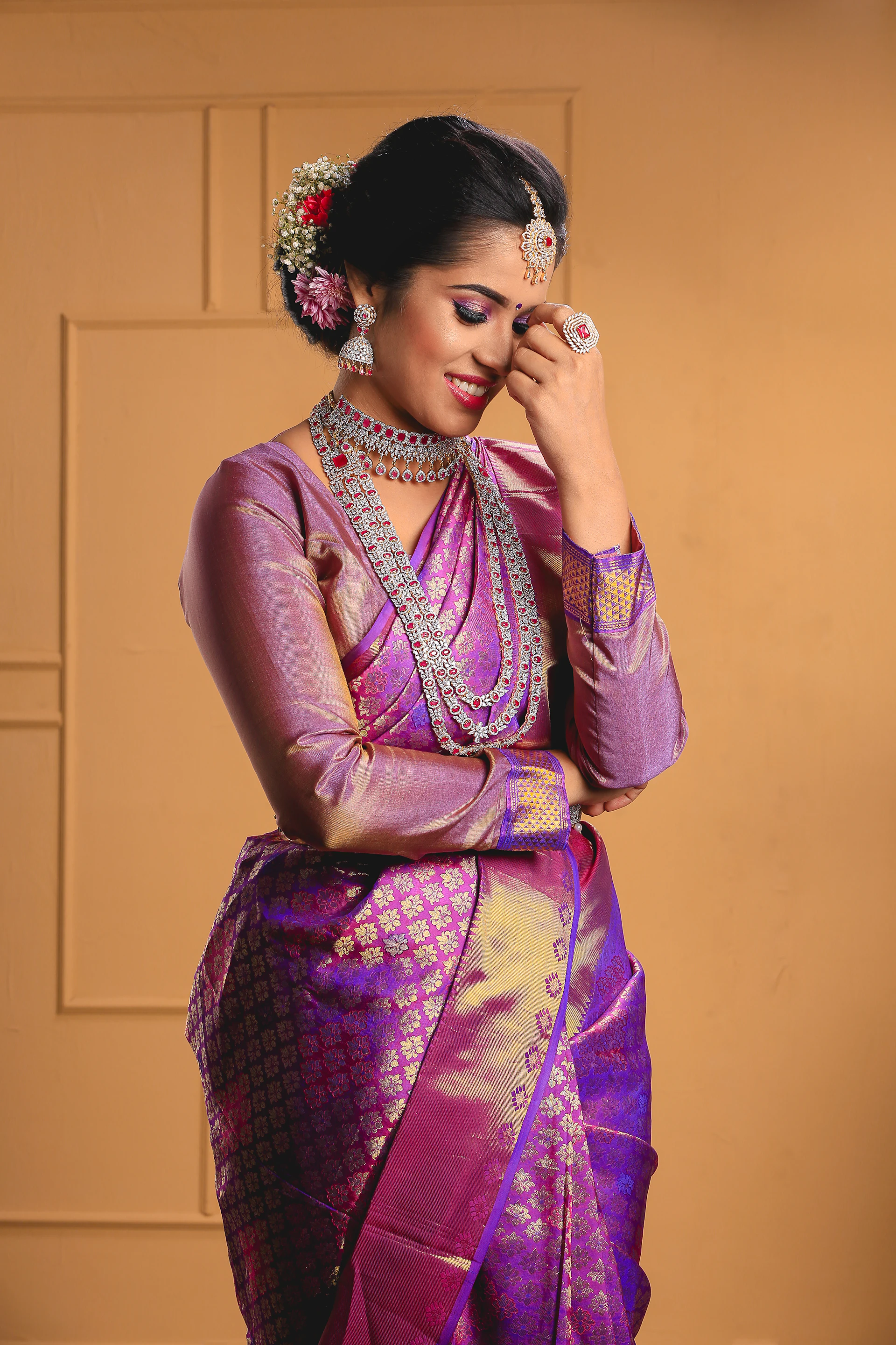Lilac Kanjeevaram silk saree with a zari pallu