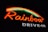 A neon sign with the word 'Rainbow' in vibrant red letters. Above the text, a colorful neon rainbow arcs over, featuring shades of red, orange, and green. Below, 'DRIVE-IN' is displayed in bold white letters against a dark background.