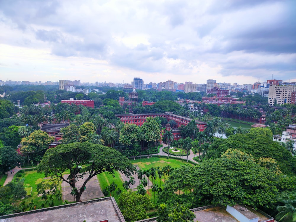 a view of a lush green park with buildings in the background