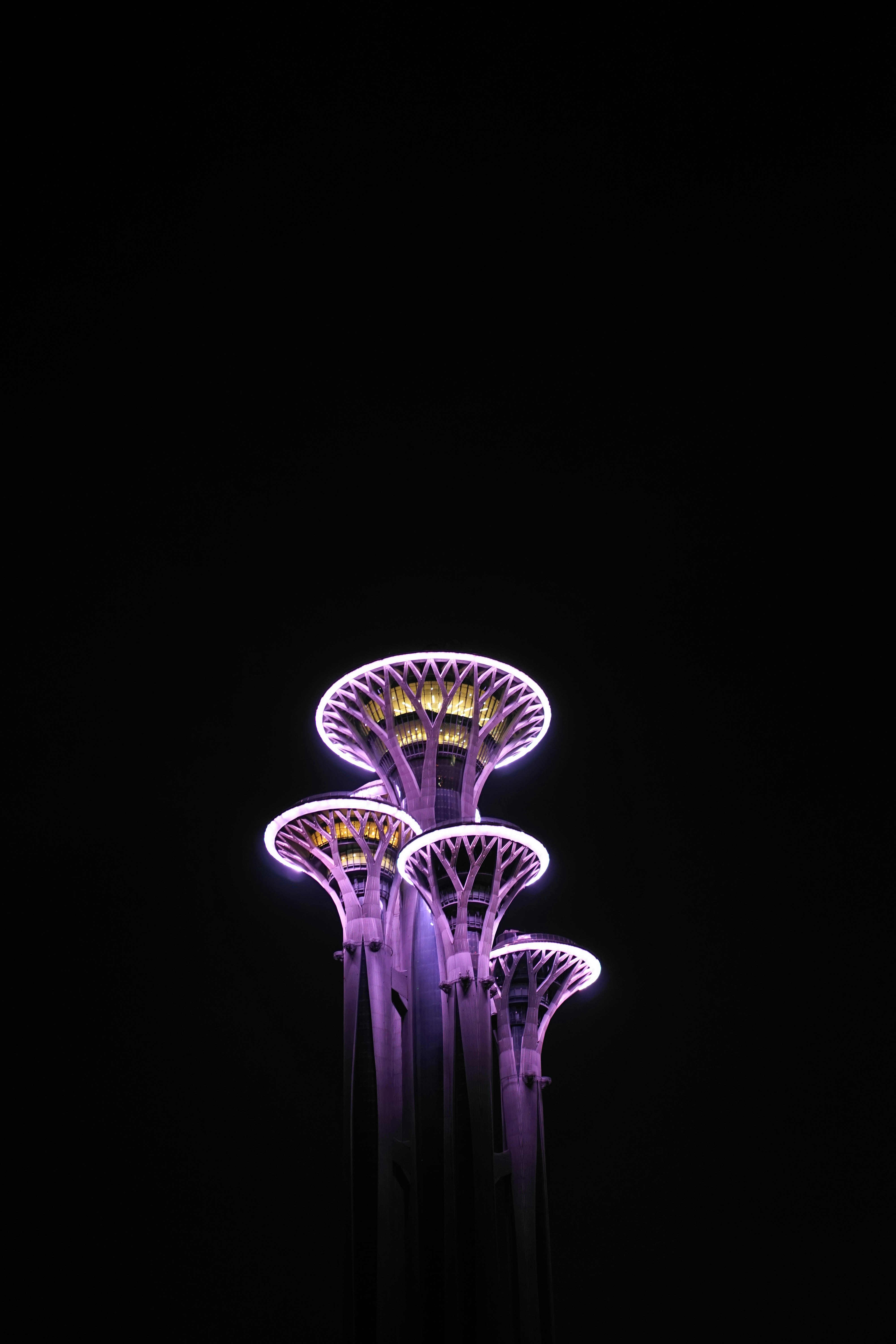 그 위에 조명이 있는 높은 탑