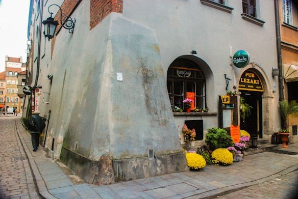 A narrow cobblestone street lined with old buildings features a small pub with a sign advertising music genres like blues and rock. Bright, colorful flowers dot the entrance, and a person walks along the street with their back to the camera. The architecture has an old European charm with arched windows and lantern-style lights.