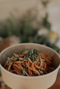 A biodegradable bowl filled with saucy noodles garnished with chopped herbs, set against a softly blurred background that likely includes plants.