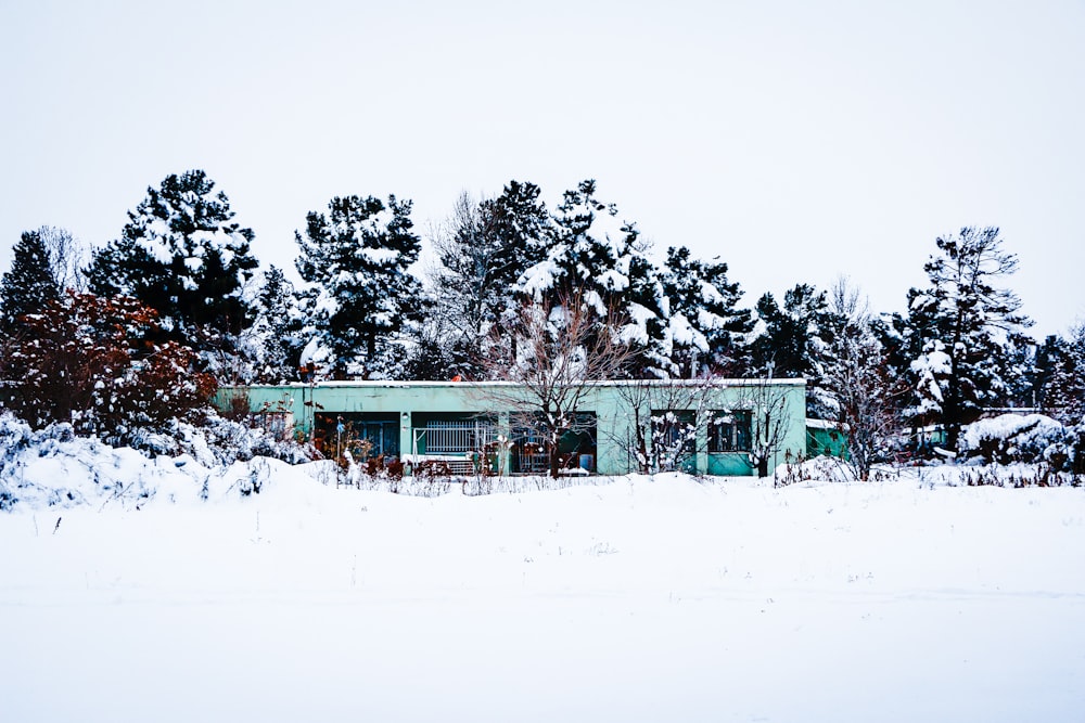 a house in the middle of a snowy field