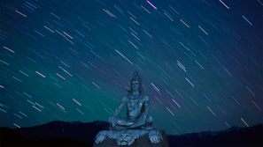 A peaceful depiction of Lord Shiva meditating by the river under a starry night sky