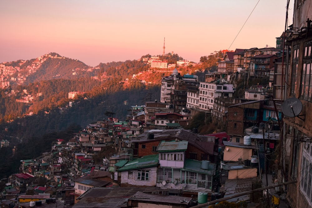 a view of a city with a mountain in the background