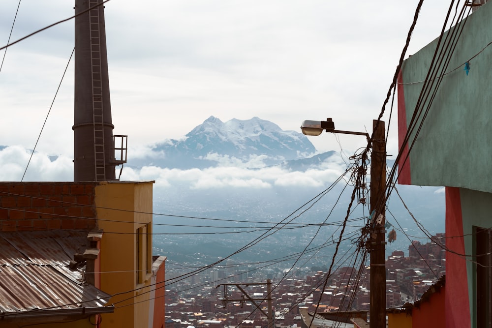 a view of a city with a mountain in the distance