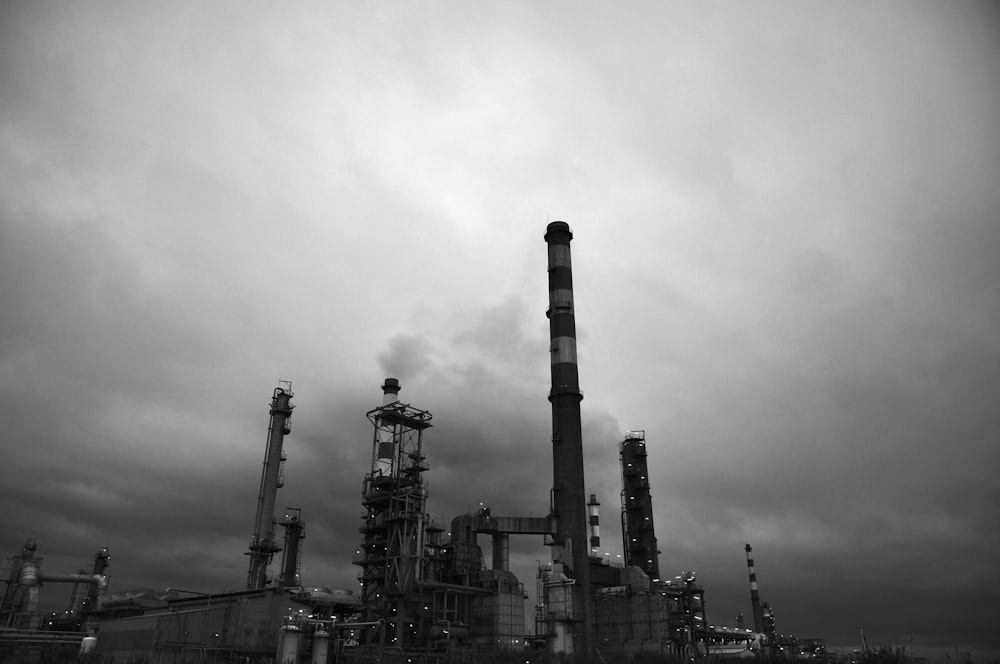 a black and white photo of a factory