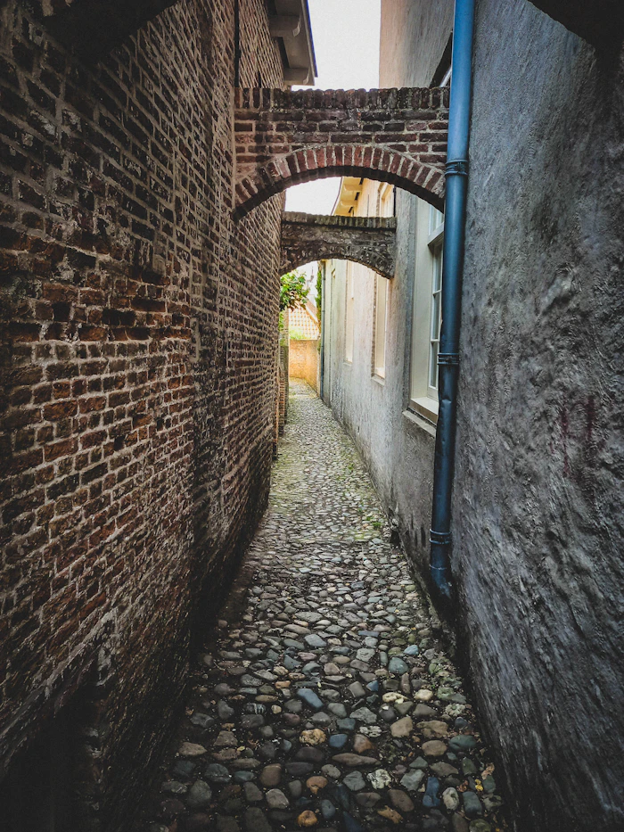 A narrow cobblestone street with a brick archway