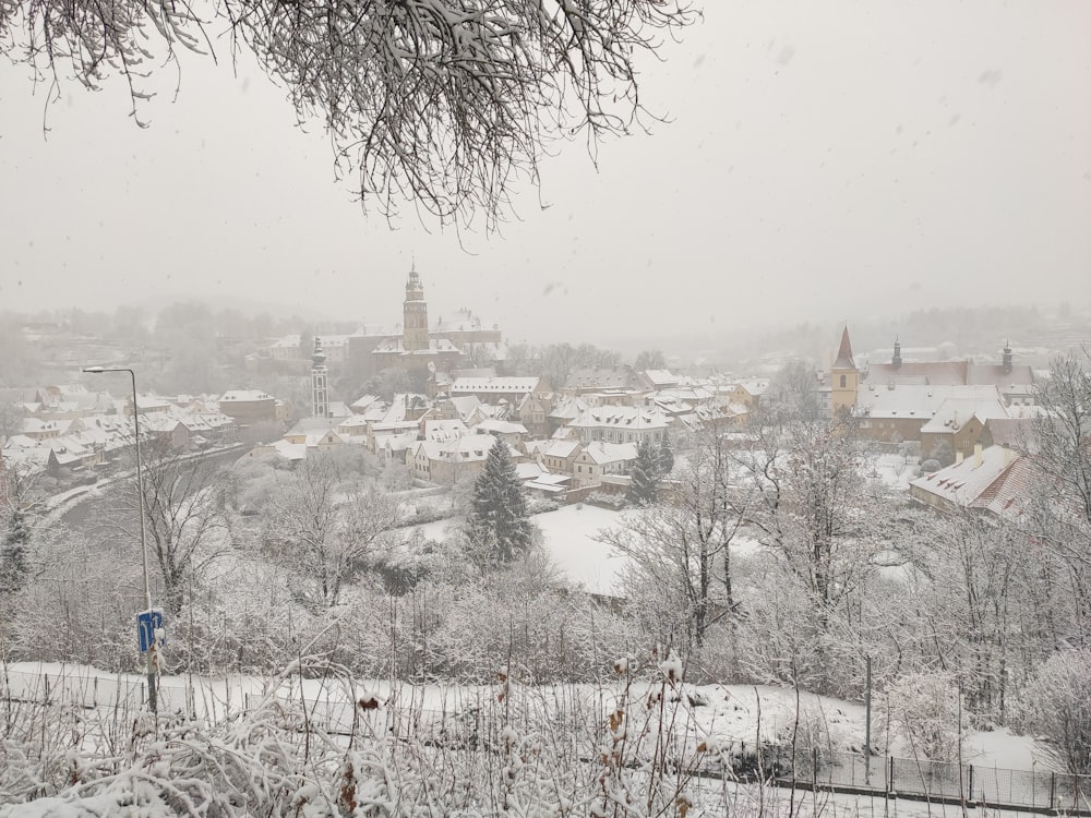 a view of a snowy town from a hill
