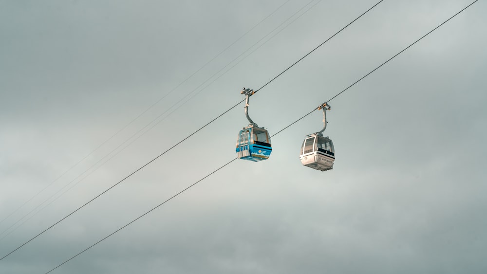 a couple of gondolas hanging from a wire