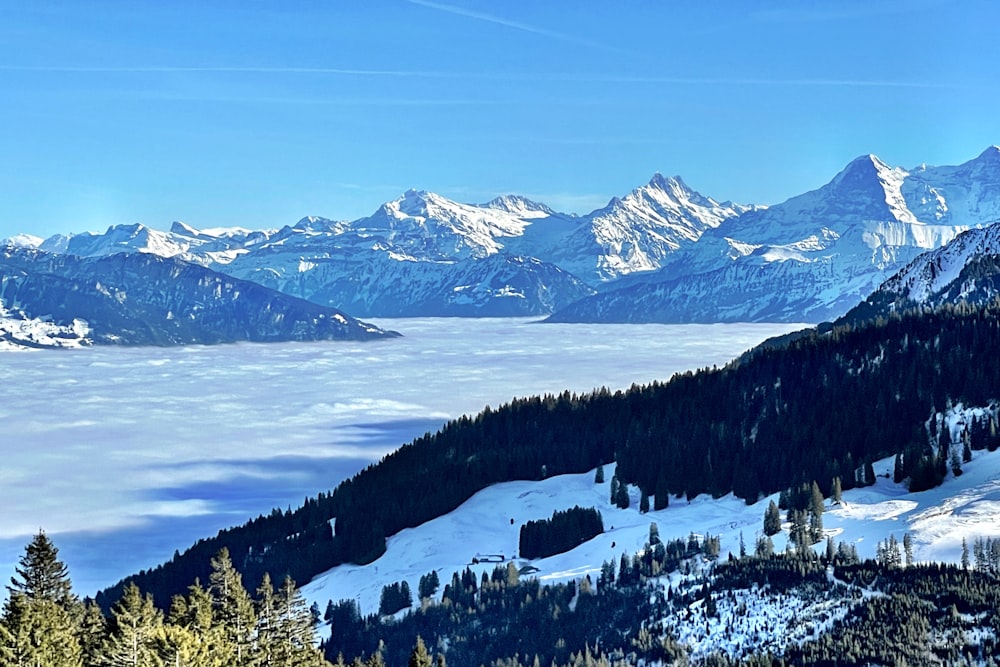 a view of a mountain range covered in snow