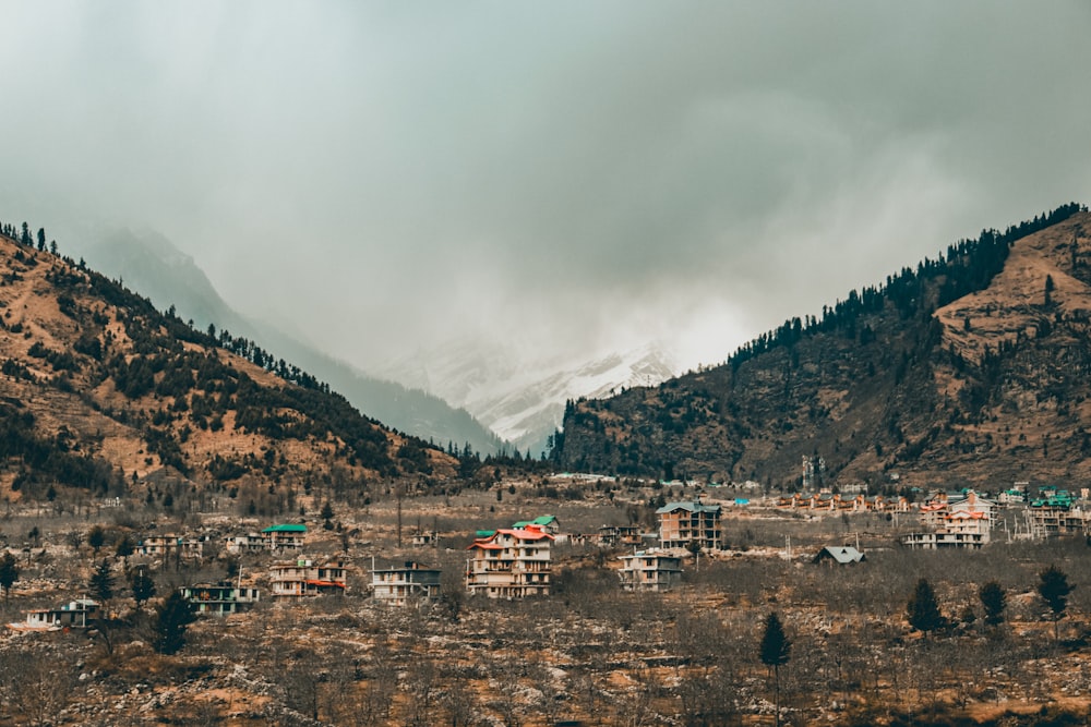 a small village in the middle of a mountain range