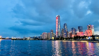 A city skyline at dusk with emergency lights flashing in the distance.