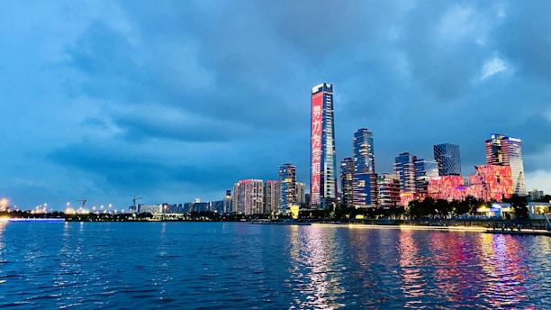 A city skyline at dusk with emergency lights flashing in the distance.