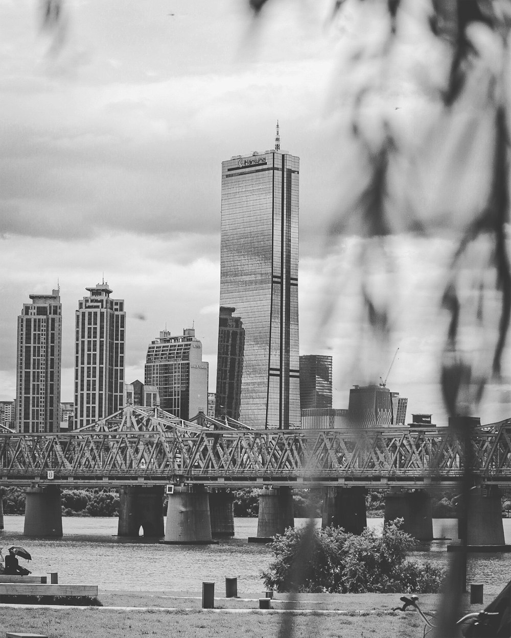 a black and white photo of a bridge and a city