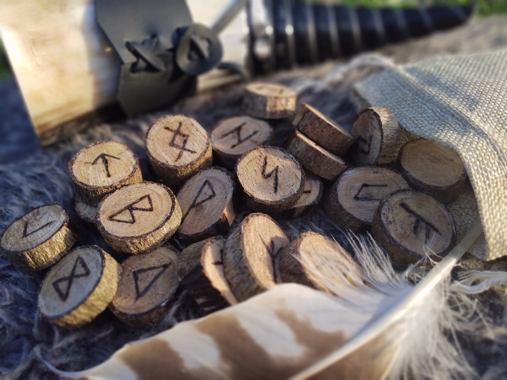 a bunch of wood pieces sitting on top of a pile of feathers