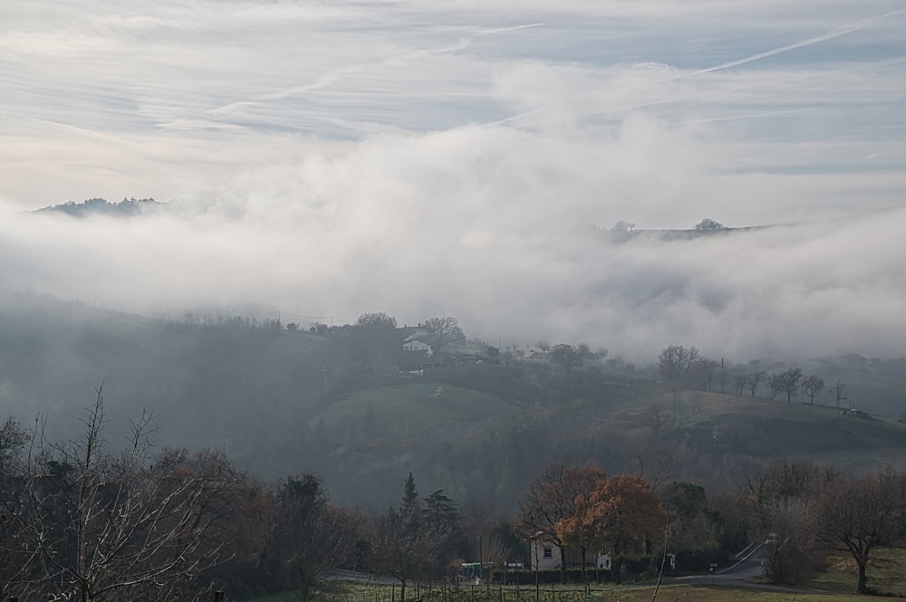 a foggy landscape with a house in the foreground
