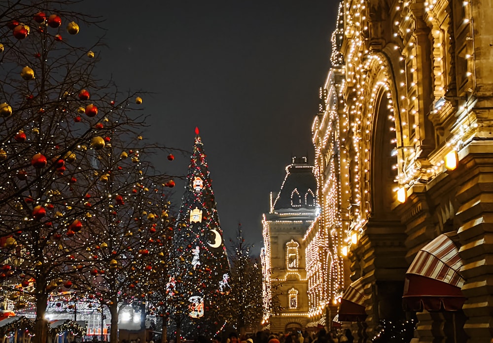 a christmas tree is lit up in the middle of a street