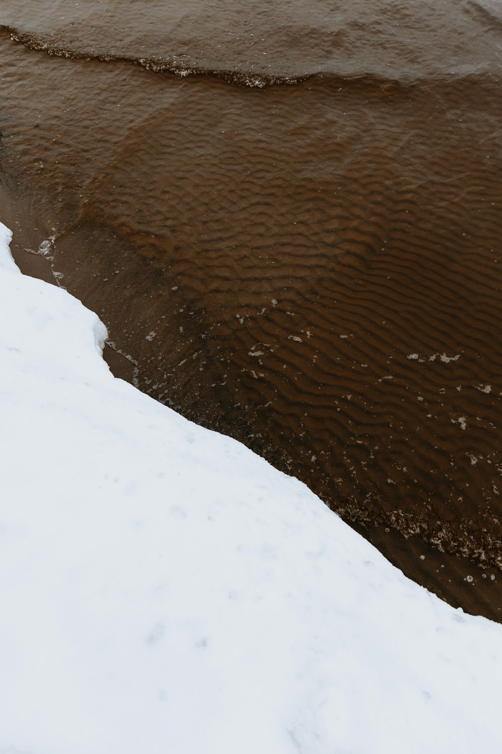 a person standing in the snow near a body of water