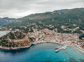 an aerial view of a small town on a small island