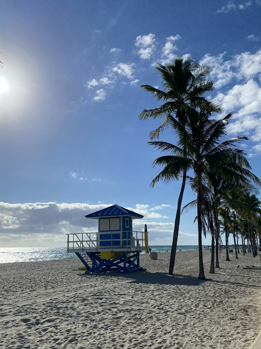 a lifeguard stand on a beach with palm trees