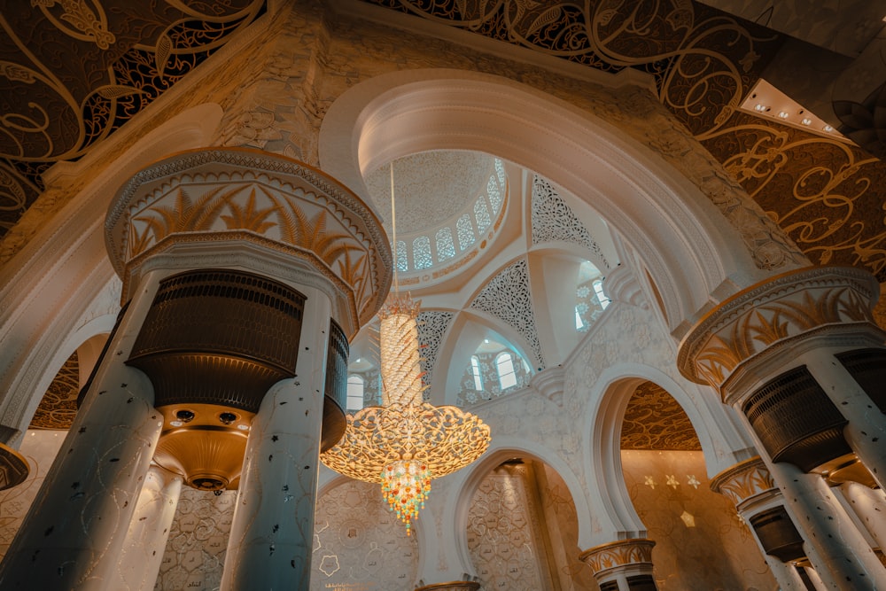 a chandelier hanging from the ceiling of a building