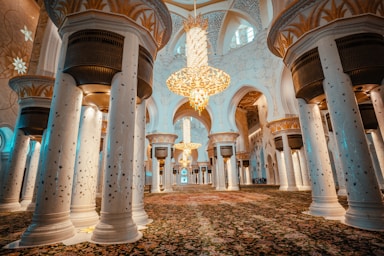 architectural photography,how to photograph abu dhabi grand mosque or sheikh zayed grand mosque the largest mosque in the country, it is the key place of worship for daily, friday and eid prayers. popular tourist spot; the interior of a building with columns and chandeliers