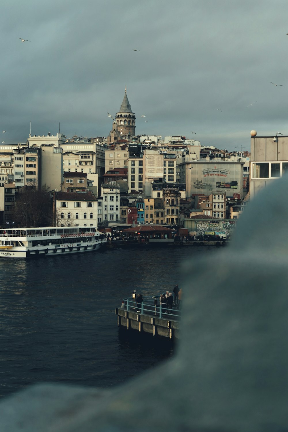 a large body of water with a city in the background