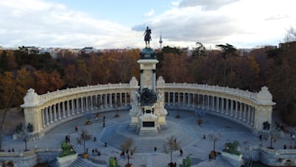 an aerial view of a statue in a park