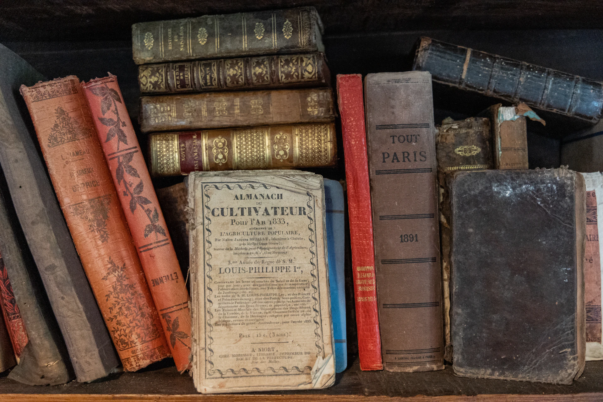 a shelf filled with lots of old books