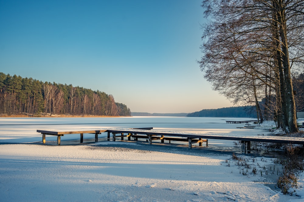 a bench sitting on top of a snow covered field