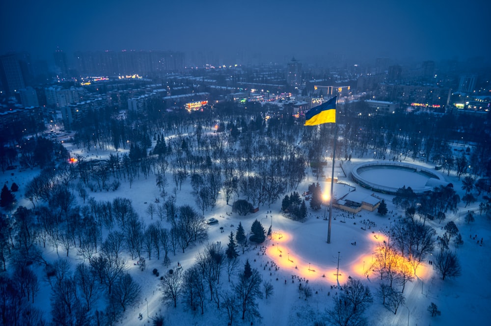 an aerial view of a park at night