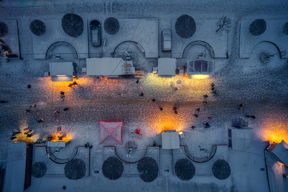 an aerial view of a city street at night