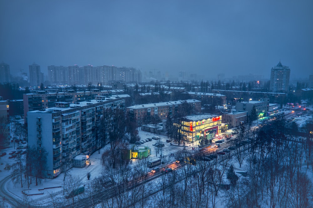 a city with a lot of tall buildings in the snow