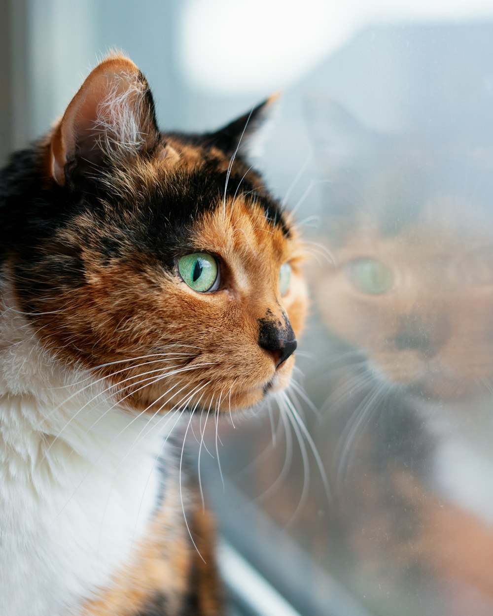 a close up of a cat looking out a window